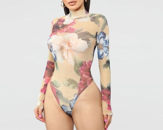 Floral Print Turtleneck Long Sleeve Bodysuits