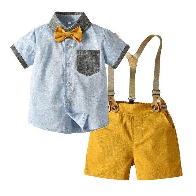 Boys Short Sleeve Shirt with Bowtie+Overalls
