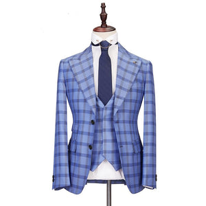 Men Suit Plaid Double Breasted 3 Pieces Slim Fit High Quality Blue Costume