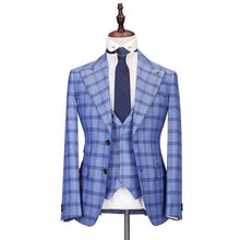 Load image into Gallery viewer, Men Suit Plaid Double Breasted 3 Pieces Slim Fit High Quality Blue Costume
