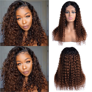Ombre Deep Curly Wigs Black to Brown Side Part