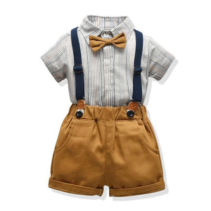 Boy Set Striped Short Sleeve Bowtie Shirt+Suspender