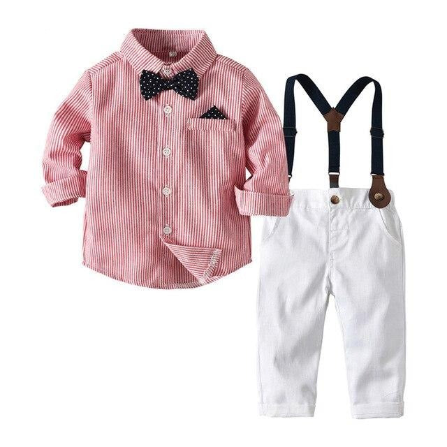 Boy Sleeve Striped Shirt with Bow Tie+Suspenders