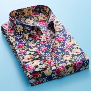 Men's Floral Printed Shirts Male Slim Fit Long Sleeve Shirts