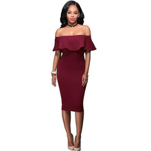 Load image into Gallery viewer, Burgundy Off The Shoulder Midi Bodycon Dress
